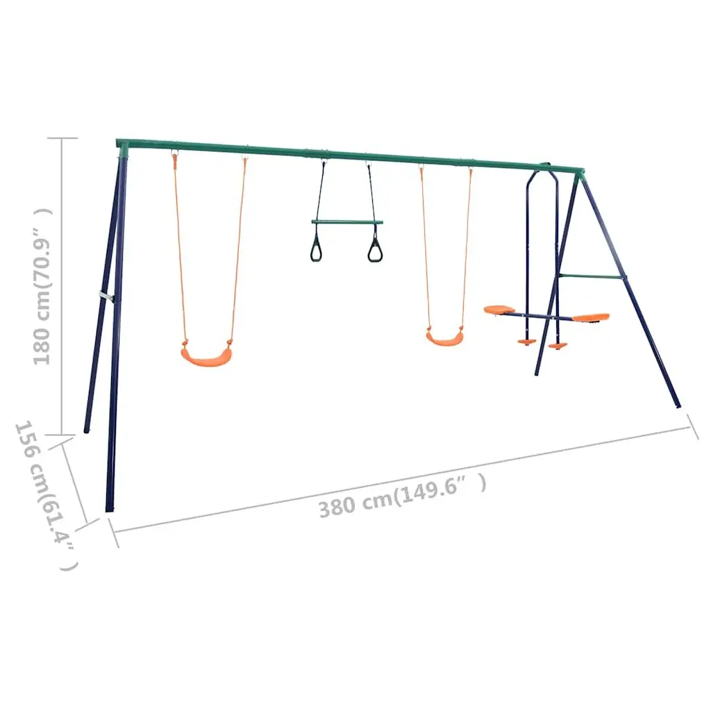 Swing Set Orange Steel A-Frame 4 Seats with Gymnastic Rings and See Saw Outdoor Play Equipment