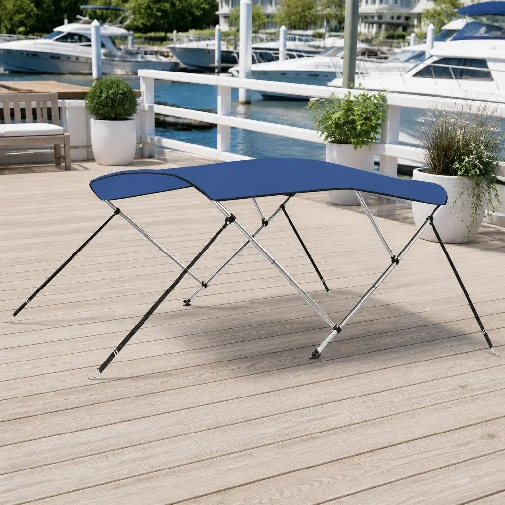 Boat Bimini Top Blue 3 Bow Frame Adjustable Width Marine Canopy Sun Shade