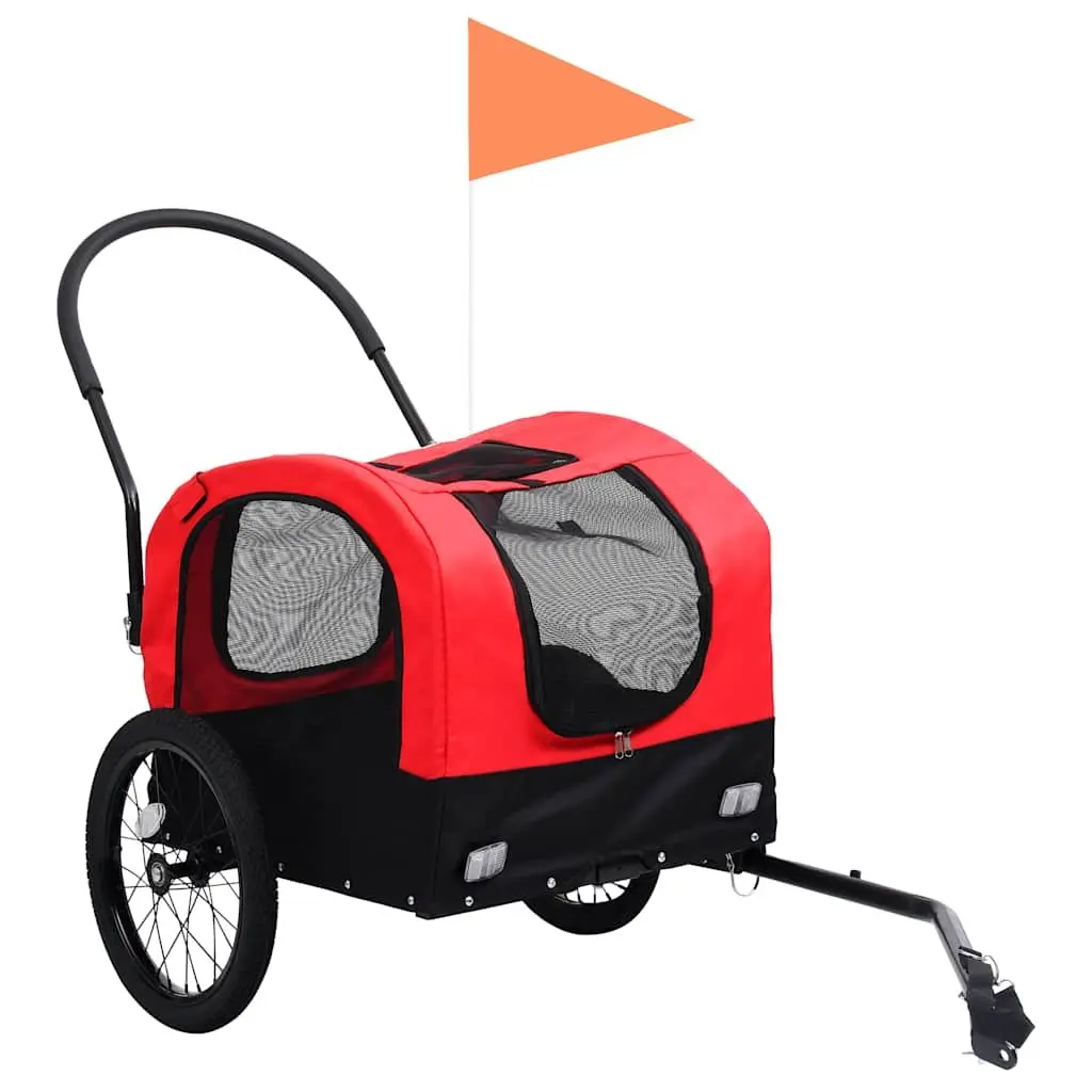 2-in-1 Pet Bike Trailer Jogging Stroller Red Black Sturdy Steel Frame Mesh Windows Suspension System Swivel Wheel