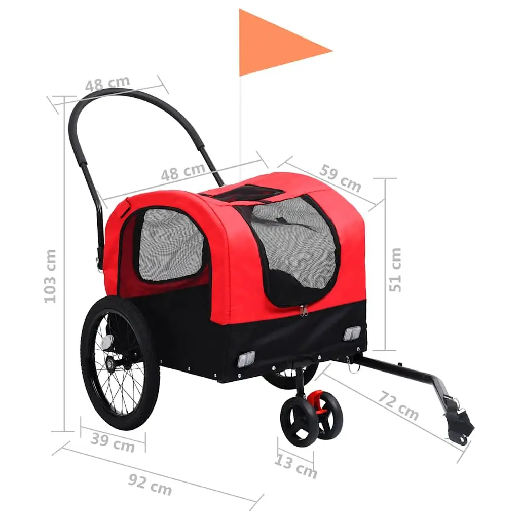 2-in-1 Pet Bike Trailer Jogging Stroller Red Black Sturdy Steel Frame Mesh Windows Suspension System Swivel Wheel