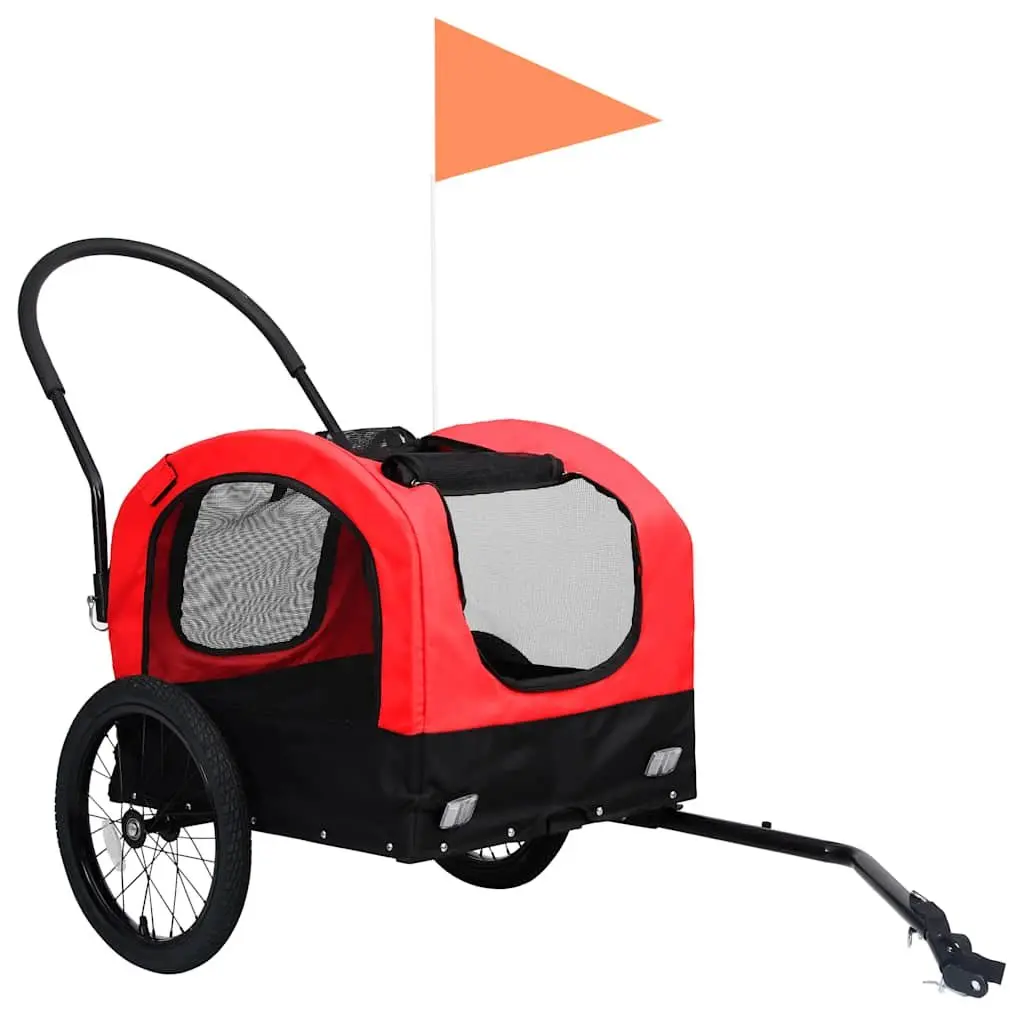 2-in-1 Pet Bike Trailer Jogging Stroller Red Black Sturdy Steel Frame Mesh Windows Suspension System Swivel Wheel