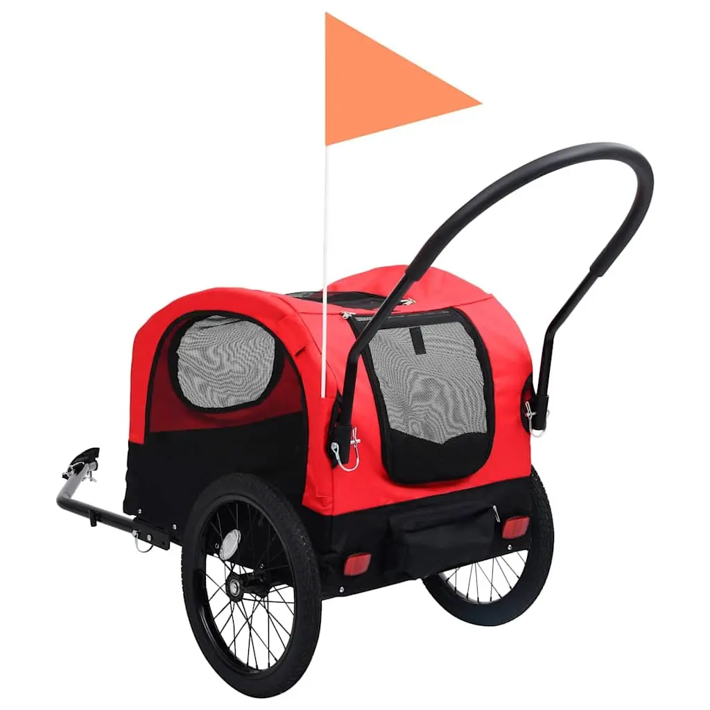 2-in-1 Pet Bike Trailer Jogging Stroller Red Black Sturdy Steel Frame Mesh Windows Suspension System Swivel Wheel