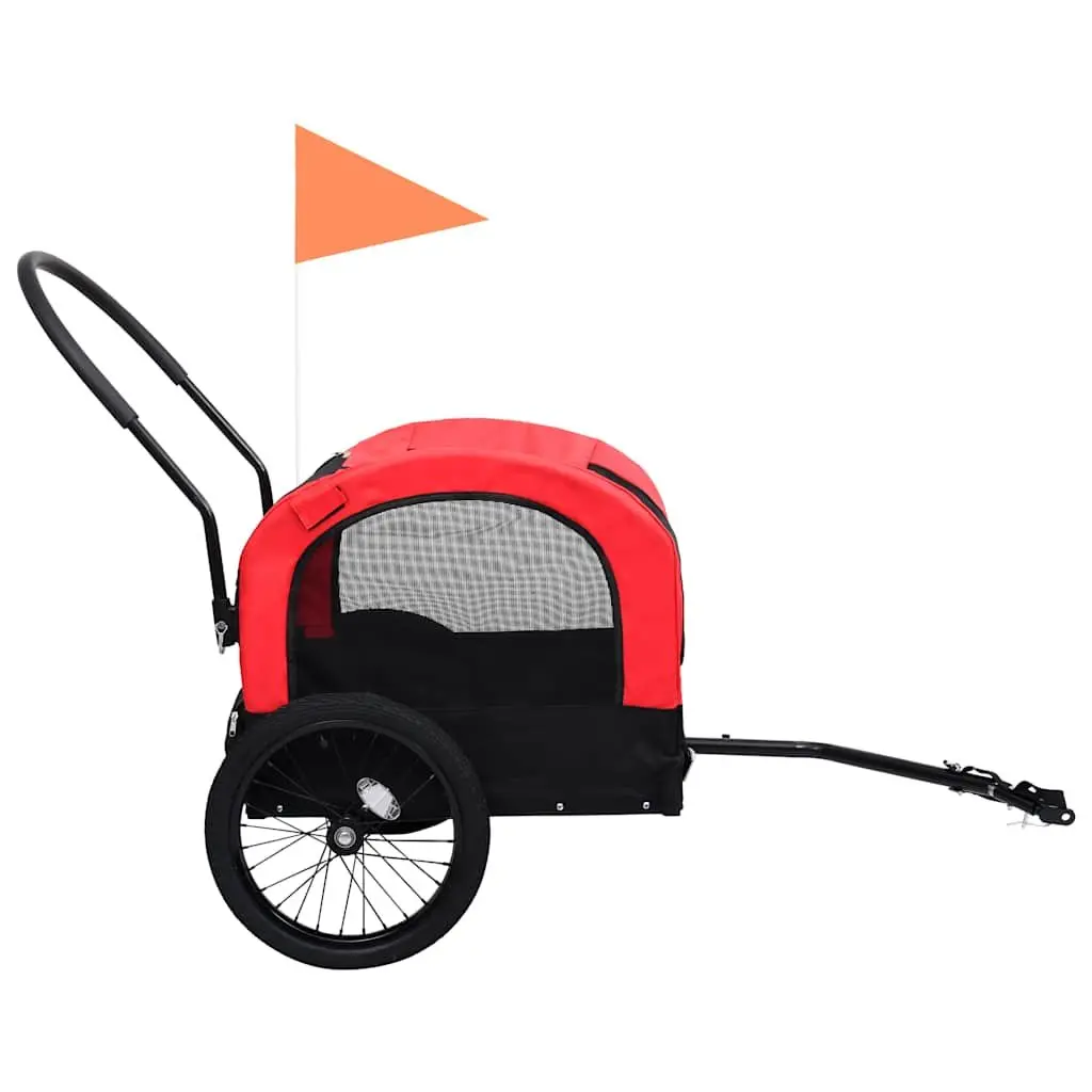 2-in-1 Pet Bike Trailer Jogging Stroller Red Black Sturdy Steel Frame Mesh Windows Suspension System Swivel Wheel
