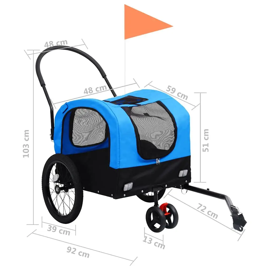 Pet Bike Trailer Jogging Stroller Blue Black 2-in-1 Convertible for Outdoor Use