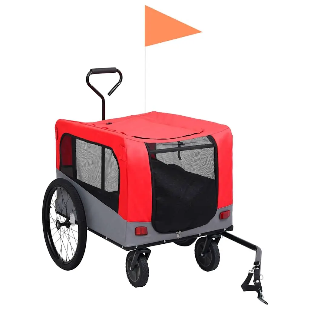 Pet Bike Trailer Jogging Stroller Red Grey 2-in-1 Convertible Durable Steel Frame