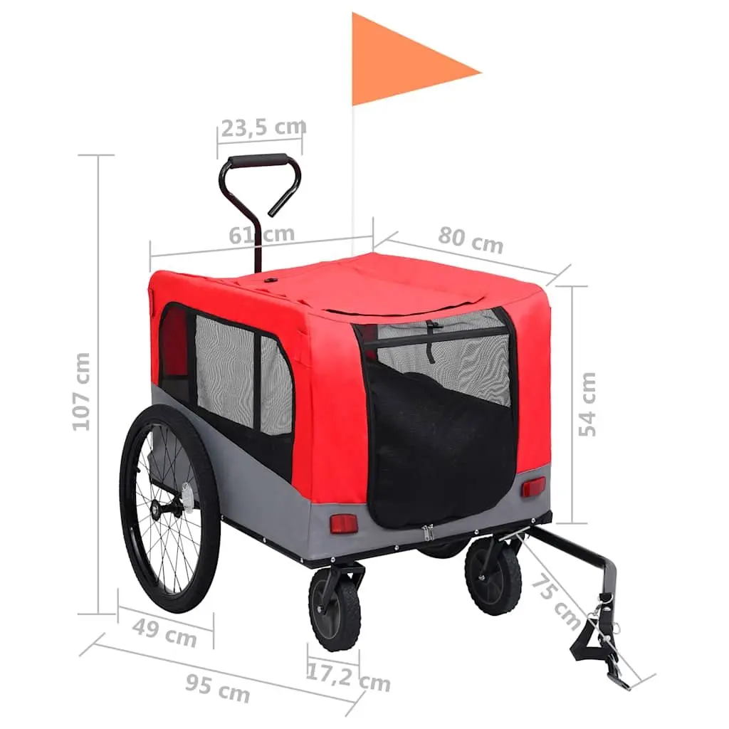 Pet Bike Trailer Jogging Stroller Red Grey 2-in-1 Convertible Durable Steel Frame