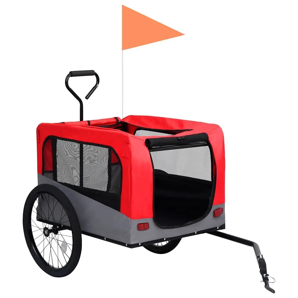 Pet Bike Trailer Jogging Stroller Red Grey 2-in-1 Convertible Durable Steel Frame