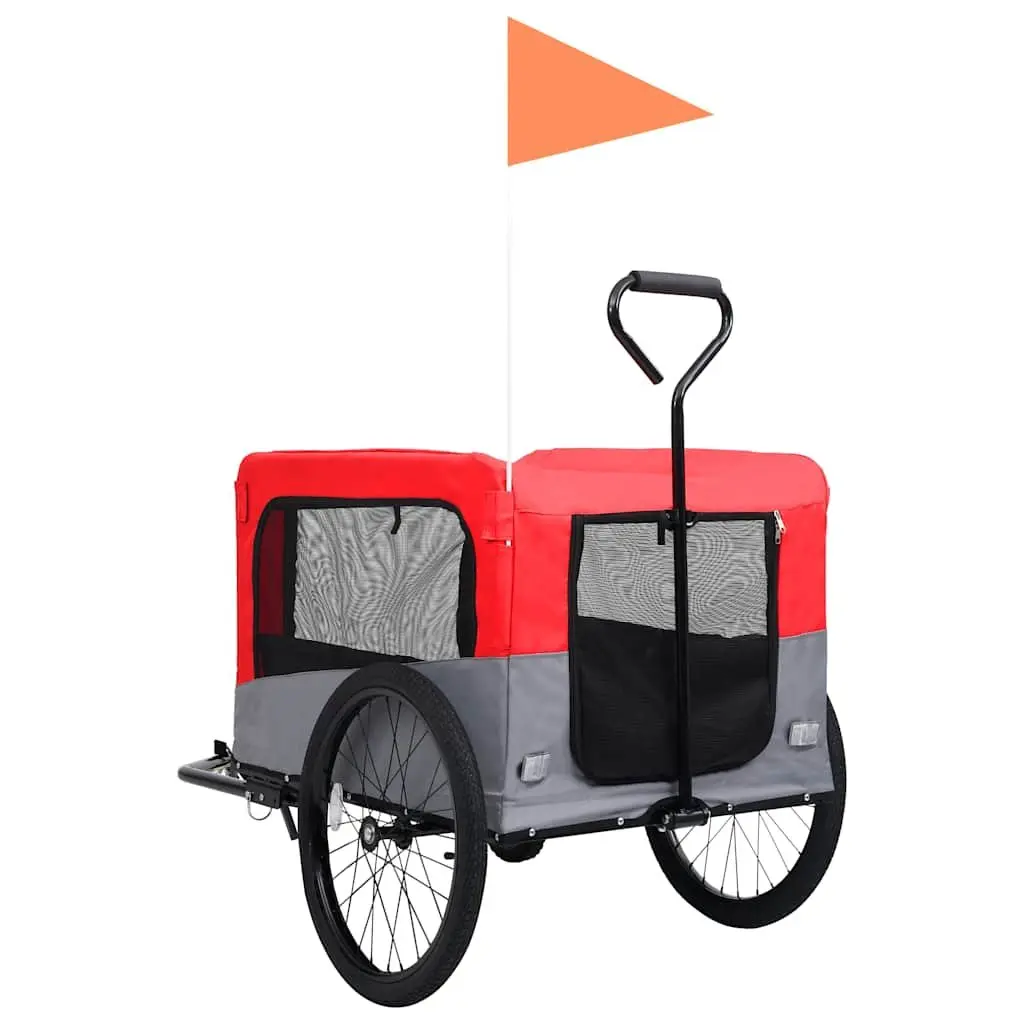 Pet Bike Trailer Jogging Stroller Red Grey 2-in-1 Convertible Durable Steel Frame