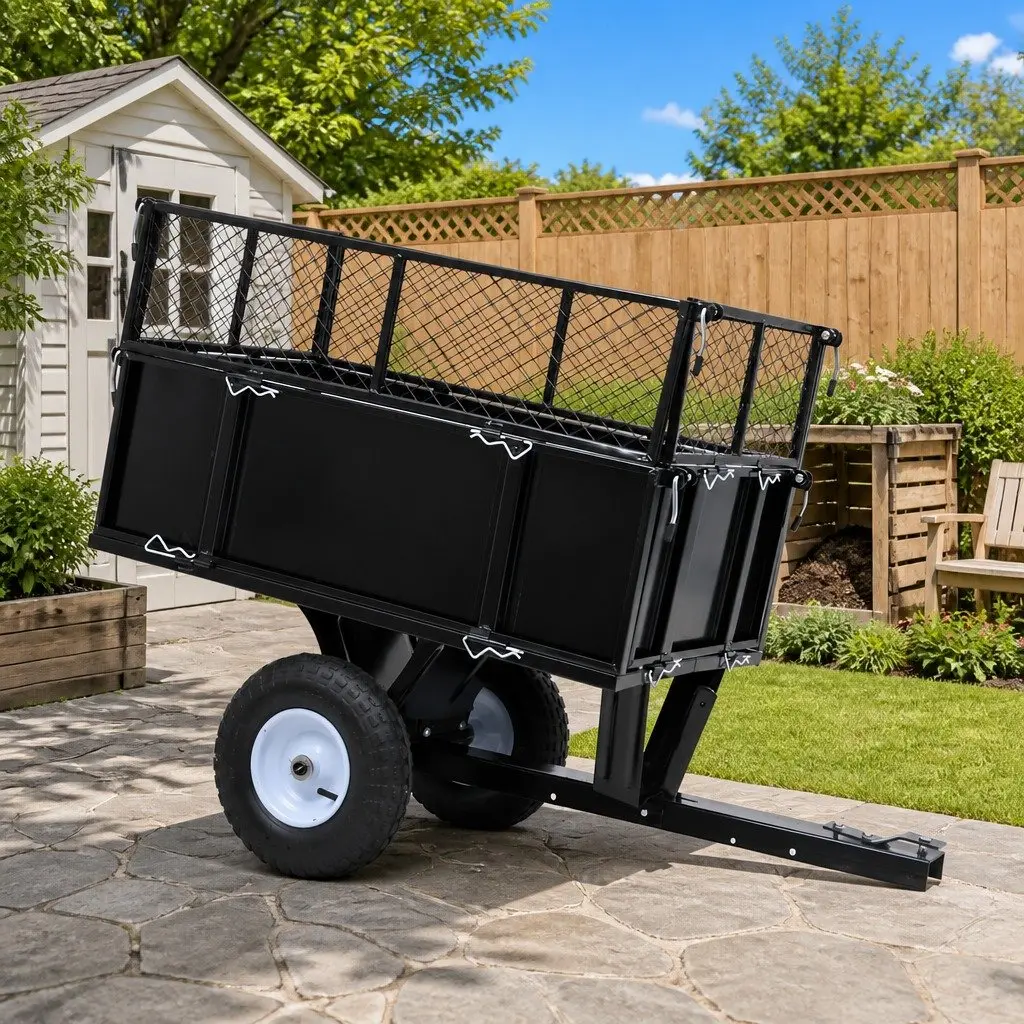 Tipping Trailer Green Adjustable Height 150 kg Load Capacity Folding Side Walls for Lawn Mower