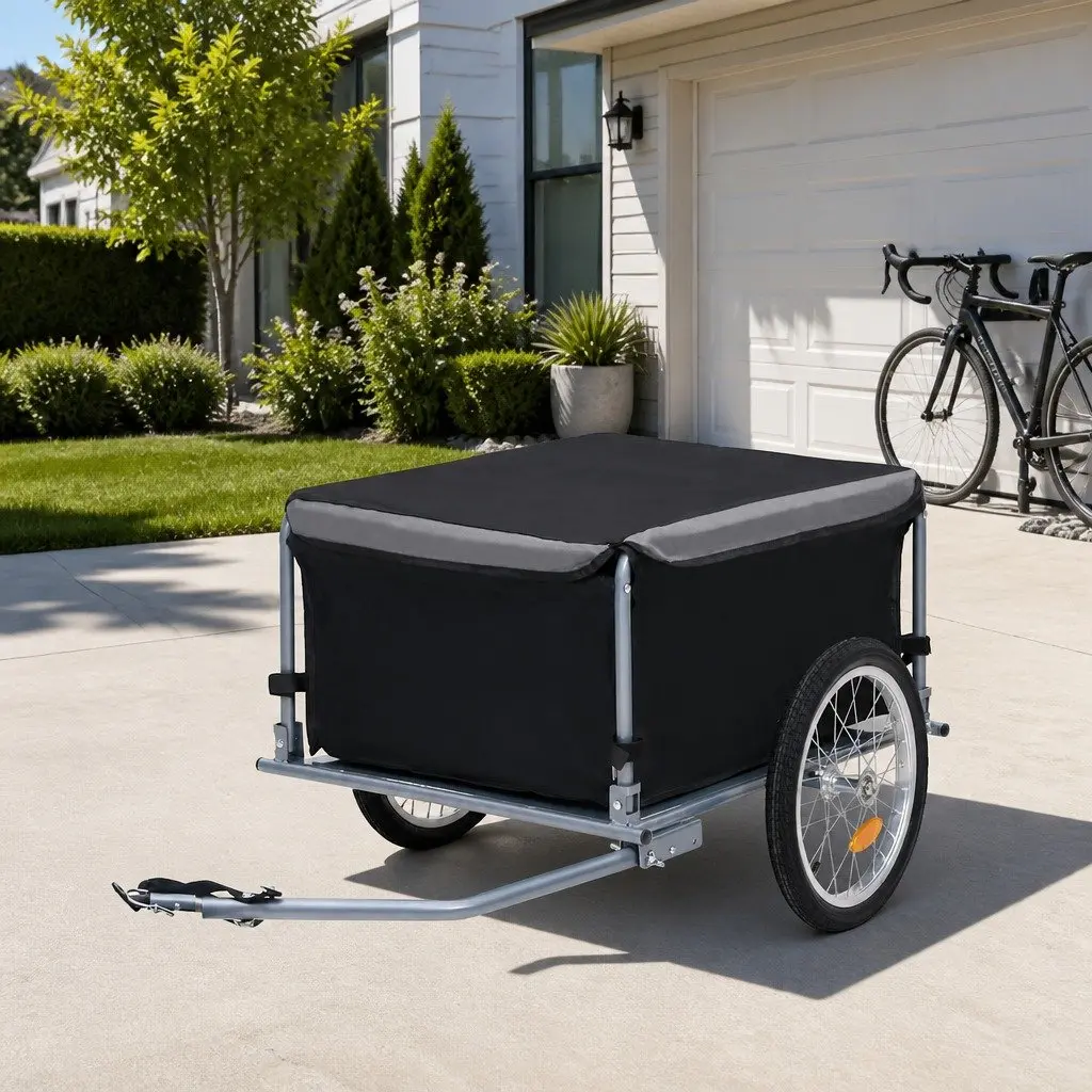 Bike Trailer Grey Steel Frame Foldable Cargo 65kg Capacity