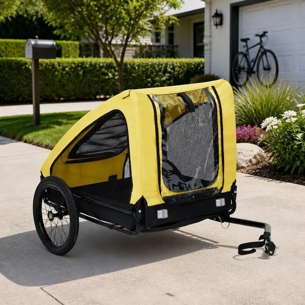 Pet Bike Trailer Yellow Foldable Steel Frame Oxford Fabric Durable Outdoor Cycling Attachment