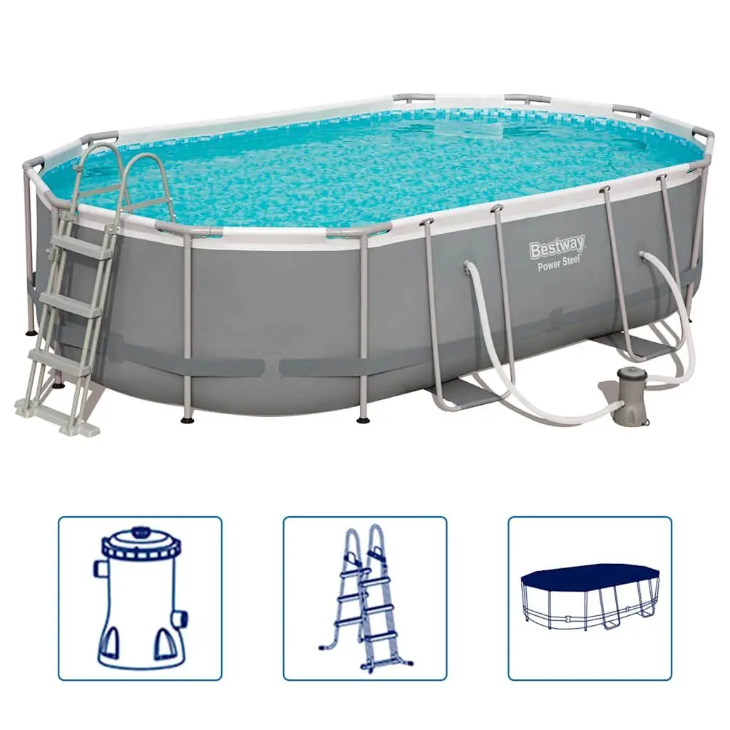 Above Ground Swimming Pool Blue Oval 488x305x107cm Steel Frame Reinforced Walls