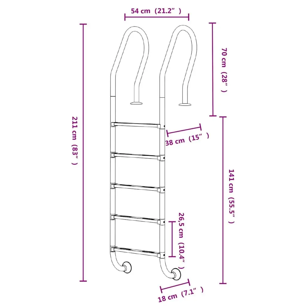 Pool Ladder Silver 54x38x211 cm Stainless Steel Non-Slip Handrail