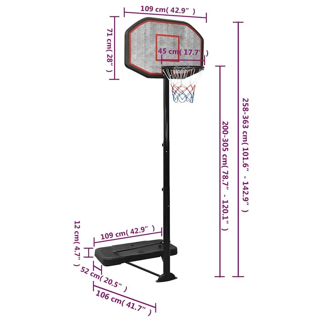 Adjustable Basketball Hoop Black 258-363 cm Portable Indoor Outdoor Game Net