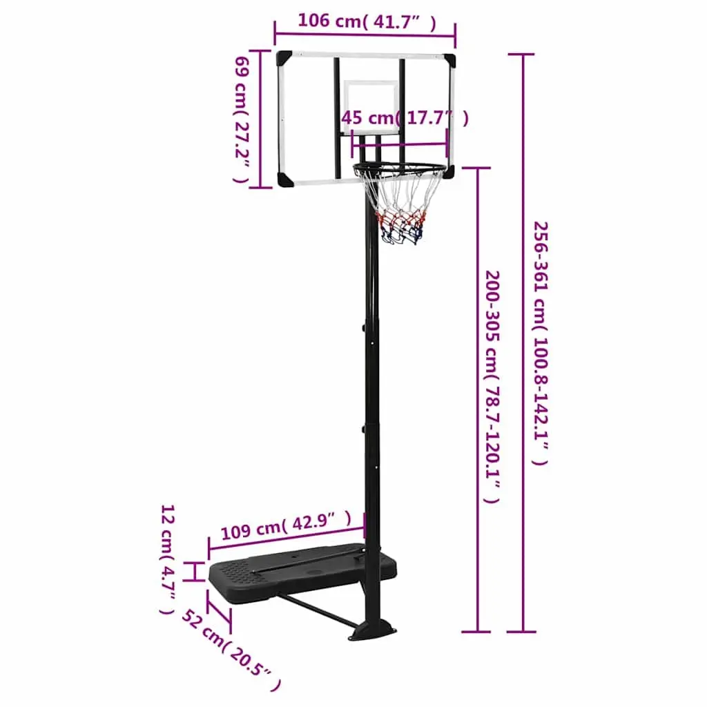 Basketball Hoop Stand Transparent 256-361cm Adjustable Portable Polycarbonate