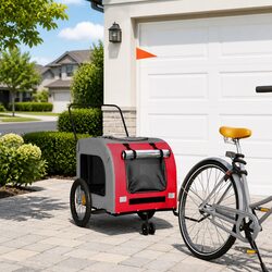 Pet Bike Trailer Red Oxford Fabric Iron Frame Wheels Mesh Windows Zippered Doors