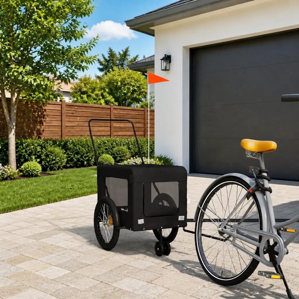 Pet Bike Trailer Black Oxford Fabric Iron Frame Wheels Zippered Doors Mesh