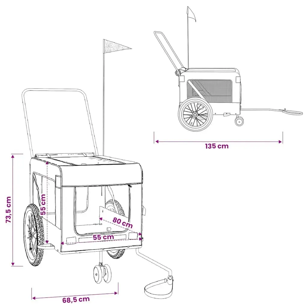 Pet Bike Trailer Black Oxford Fabric Iron Frame Wheels Zippered Doors Mesh