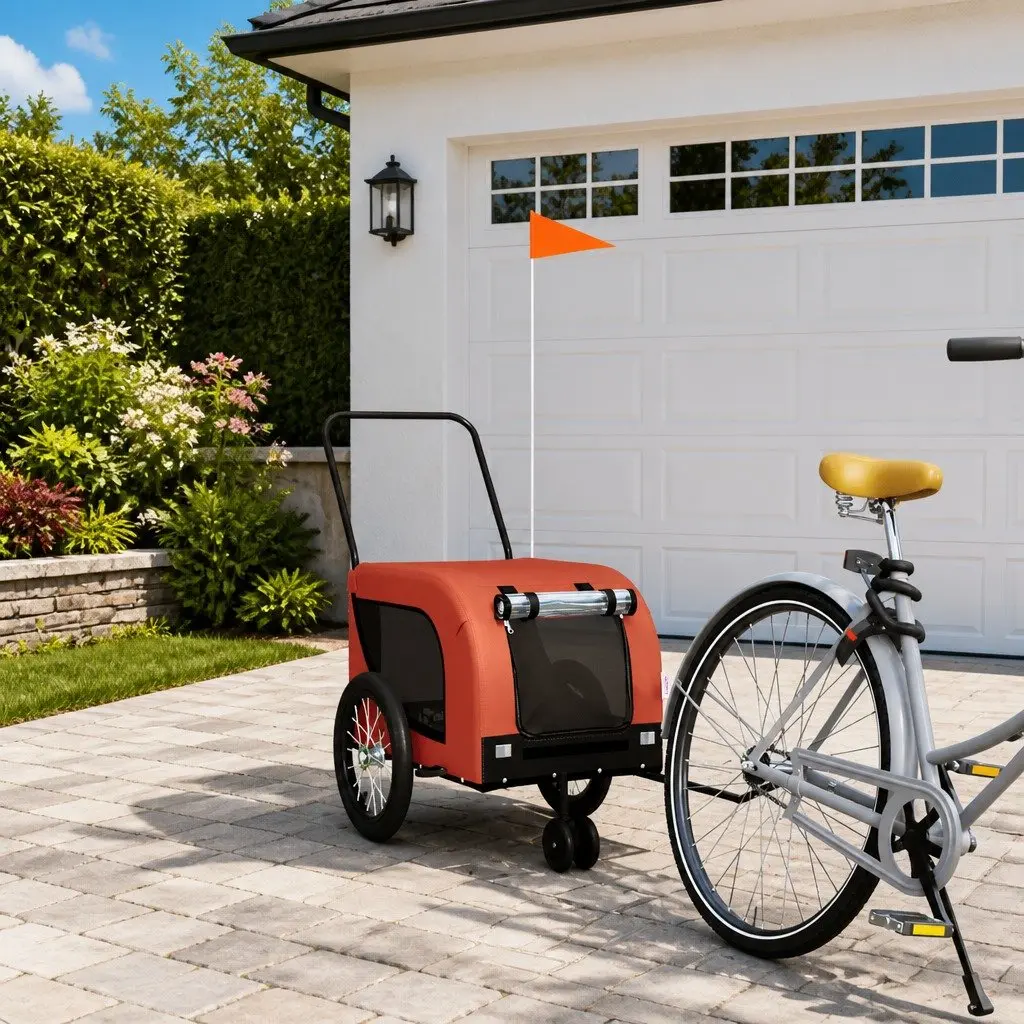 Pet Bike Trailer Orange Black Oxford Fabric Iron Frame Wheels Zippered Doors