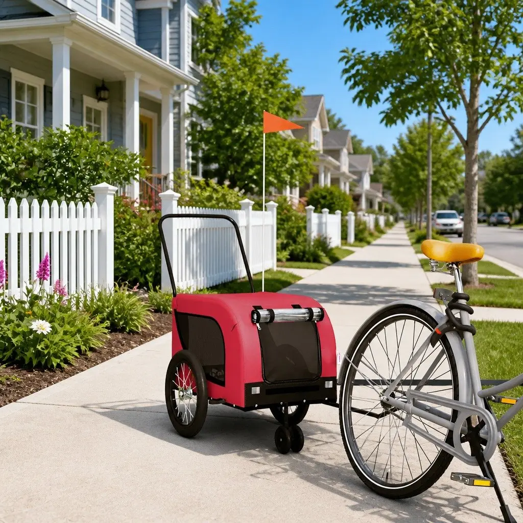 Pet Bike Trailer Red Small Iron Frame Mesh Windows Zippered Doors