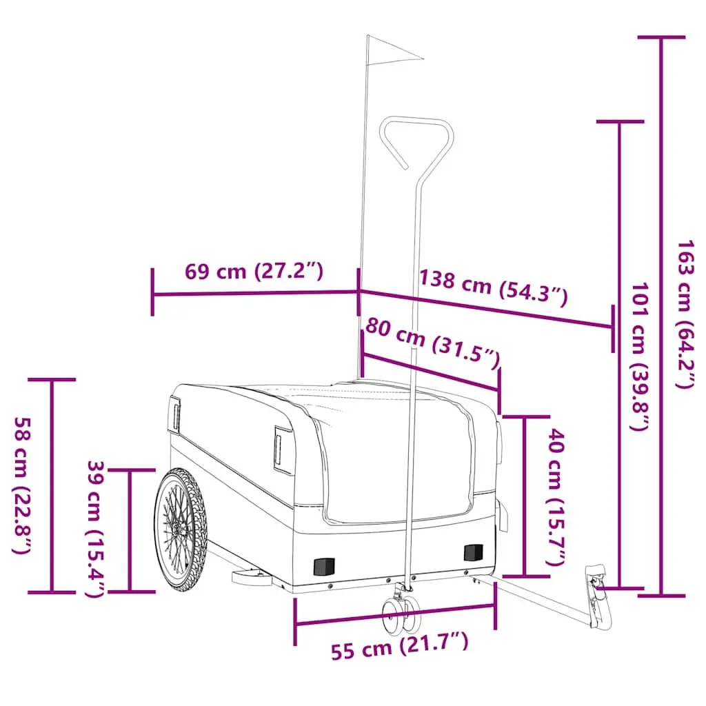 Bicycle Cargo Trailer Orange Iron Frame 45kg Load Capacity Tow Bar Safety Flag