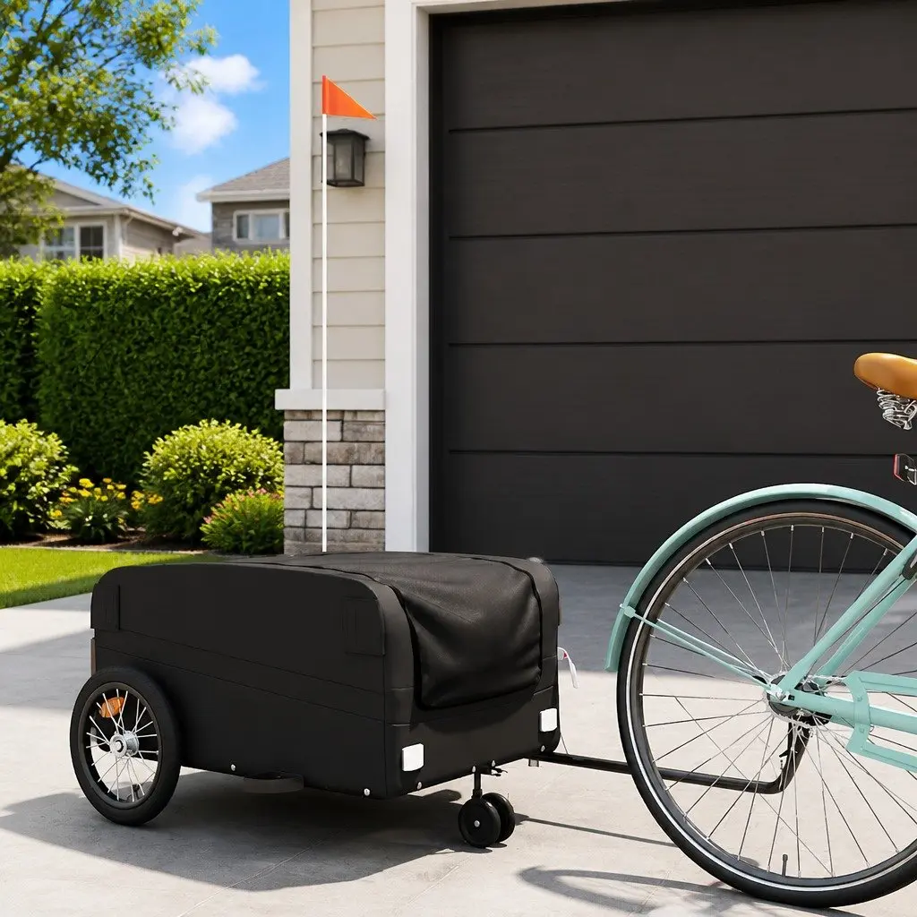 Bike Trailer Cargo Cart Black Heavy Duty Iron Construction 45kg Capacity for Transporting Goods