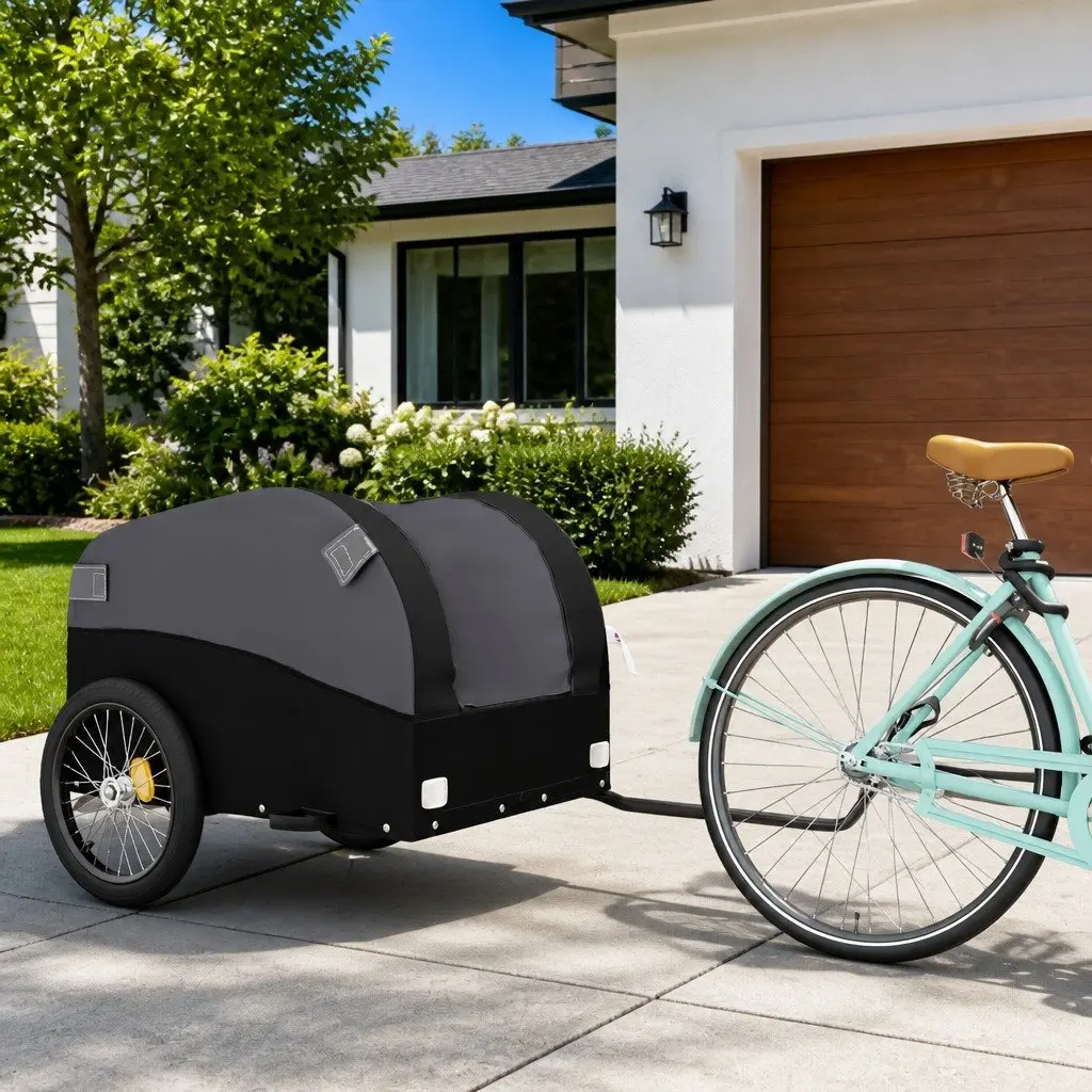 Bike Trailer Black Heavy Duty Iron Cargo Cart 45kg Capacity Tow Bar Safety Flag