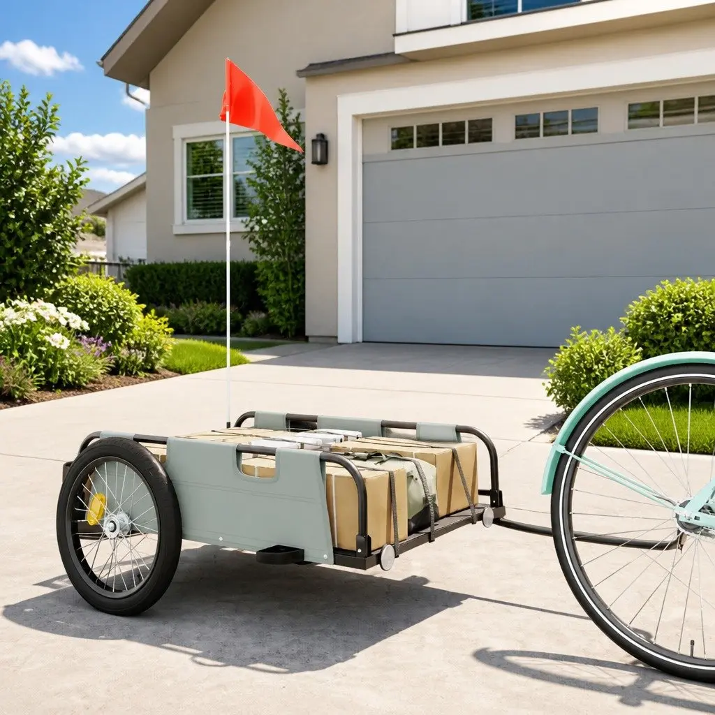 Bicycle Trailer Grey Oxford Fabric Two Wheels Reflectors Flag
