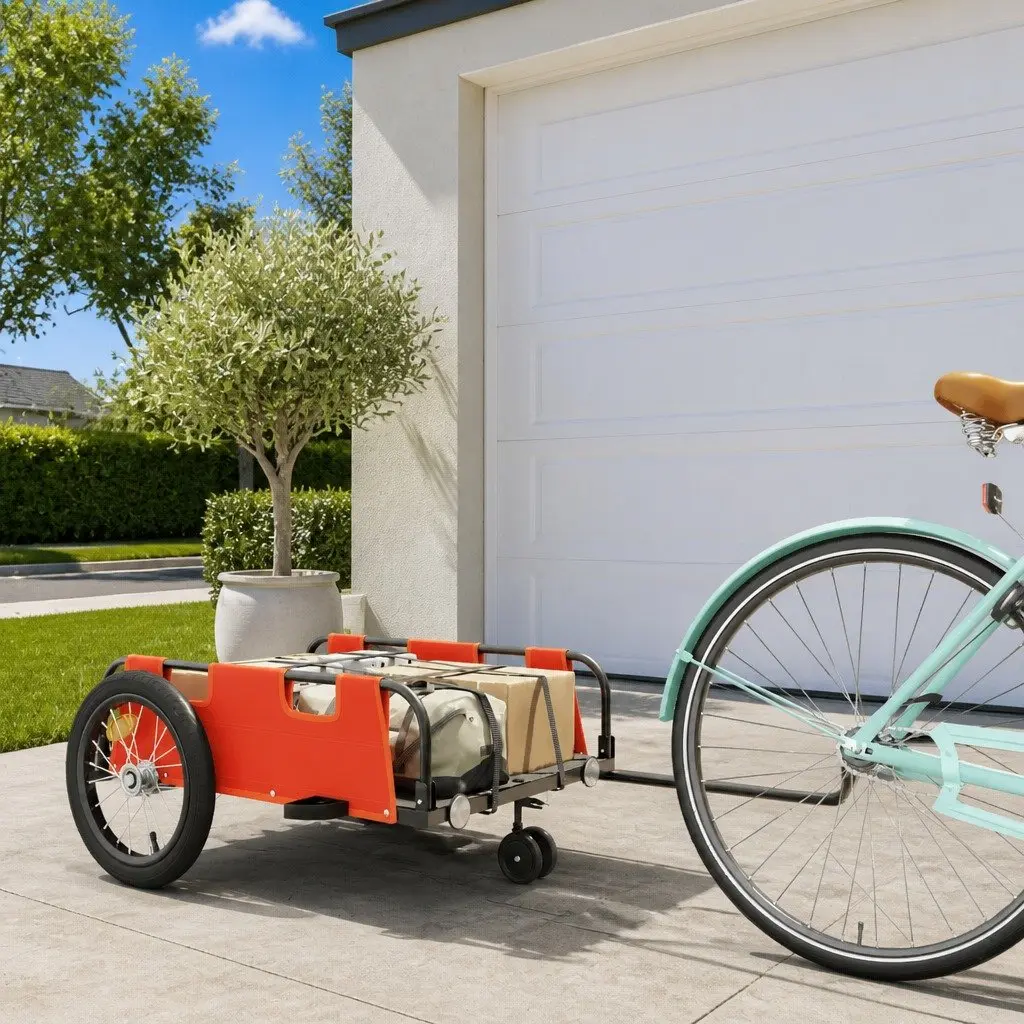 Bicycle Cargo Trailer Orange Two Wheel Oxford Fabric Iron Frame Transport