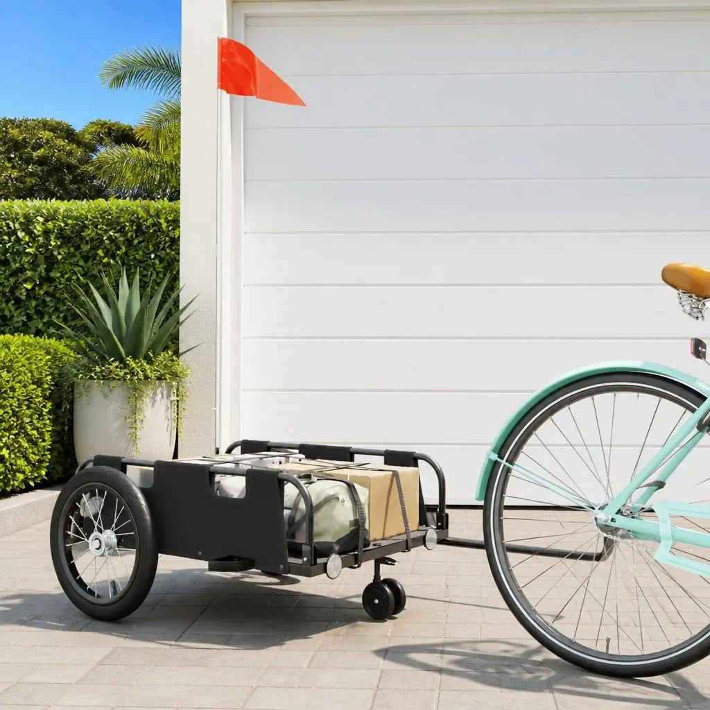 Bike Trailer Black Oxford Fabric Sturdy Iron Frame Bicycle Cargo Transport Cart