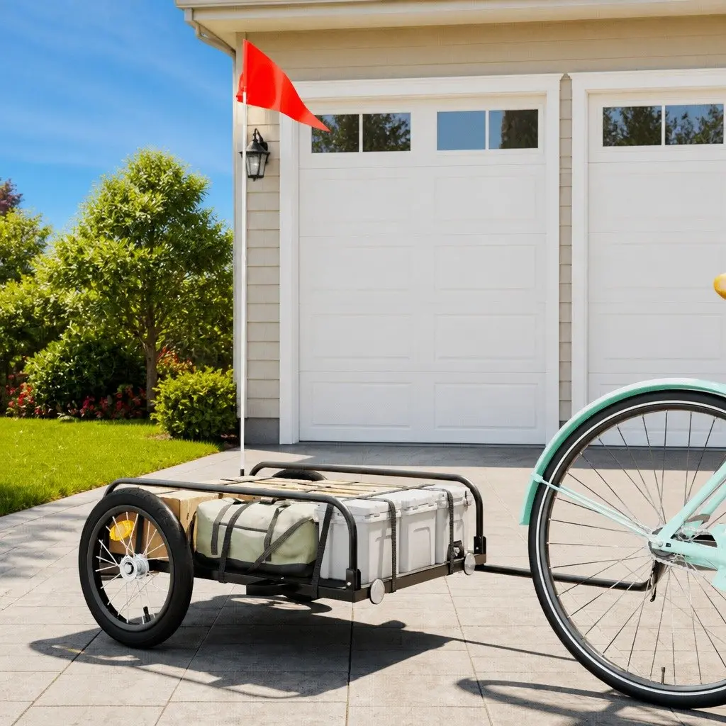 Bike Trailer Black Iron Frame Heavy Duty Cargo Cart for Bicycle Hauling Transport
