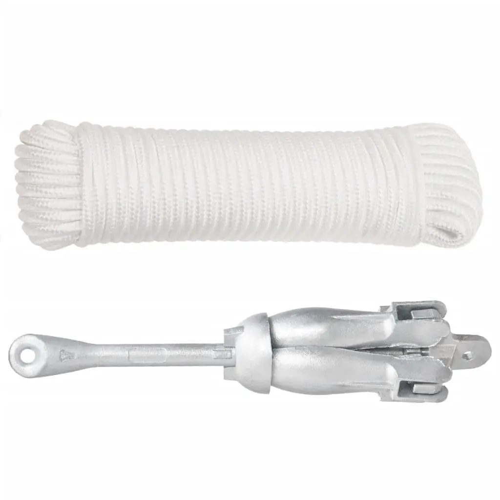 Folding Anchor with Rope Silver 4kg Cast Iron Grapnel Boat Watercraft Docking