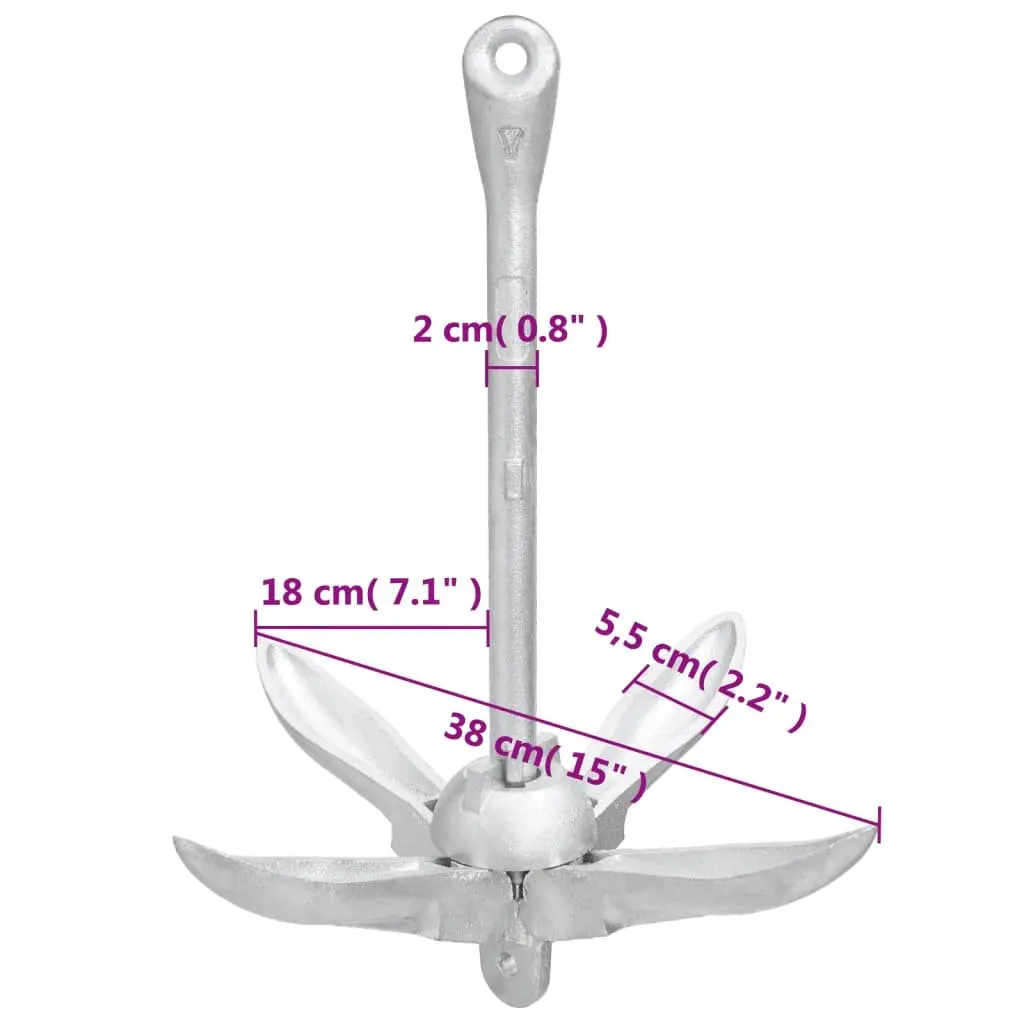 Folding Anchor with Rope Silver 4kg Cast Iron Grapnel Boat Watercraft Docking