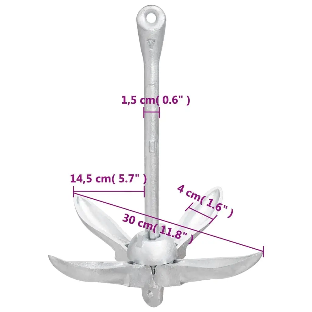 Folding Anchor with Rope 1.5kg Silver 4-Claw Grapnel for Boat Dinghy Kayak