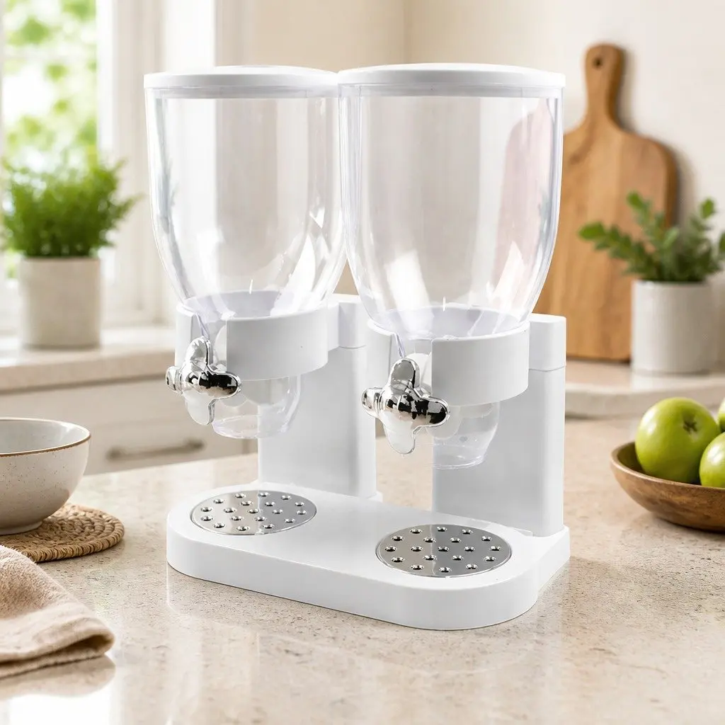 Double Cereal Dispenser Dry Food Storage Portion Control Twist Knob White