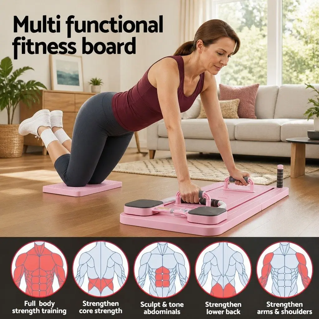 Pilates Board Foldable Reformer Multi Functional Full Body Exercise Trainer Pink