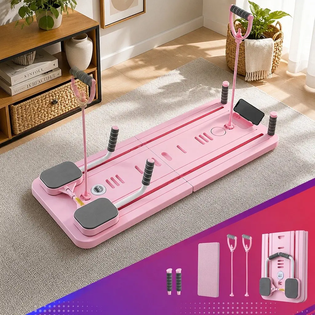 Pilates Board Foldable Reformer Multi Functional Full Body Exercise Trainer Pink