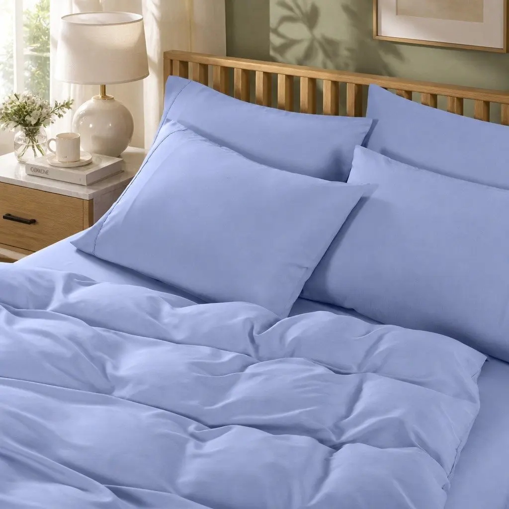 Bedding Combo Set Light Blue Queen 6 Piece 2000TC Bamboo Cooling Deep Pocket Fitted Sheet