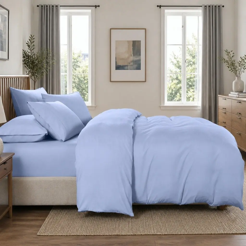 Bedding Combo Set Light Blue Queen 6 Piece 2000TC Bamboo Cooling Deep Pocket Fitted Sheet