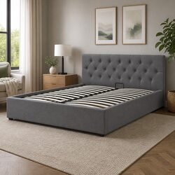 Gas Lift Bed with Tufted Headboard Double Size Storage Platform Modern Bedroom