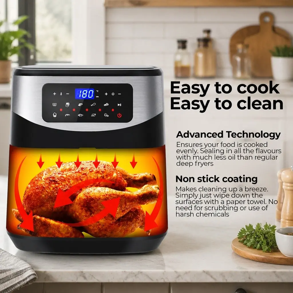 Digital Air Fryer Silver 12L Large Capacity Touch Screen Temperature Control