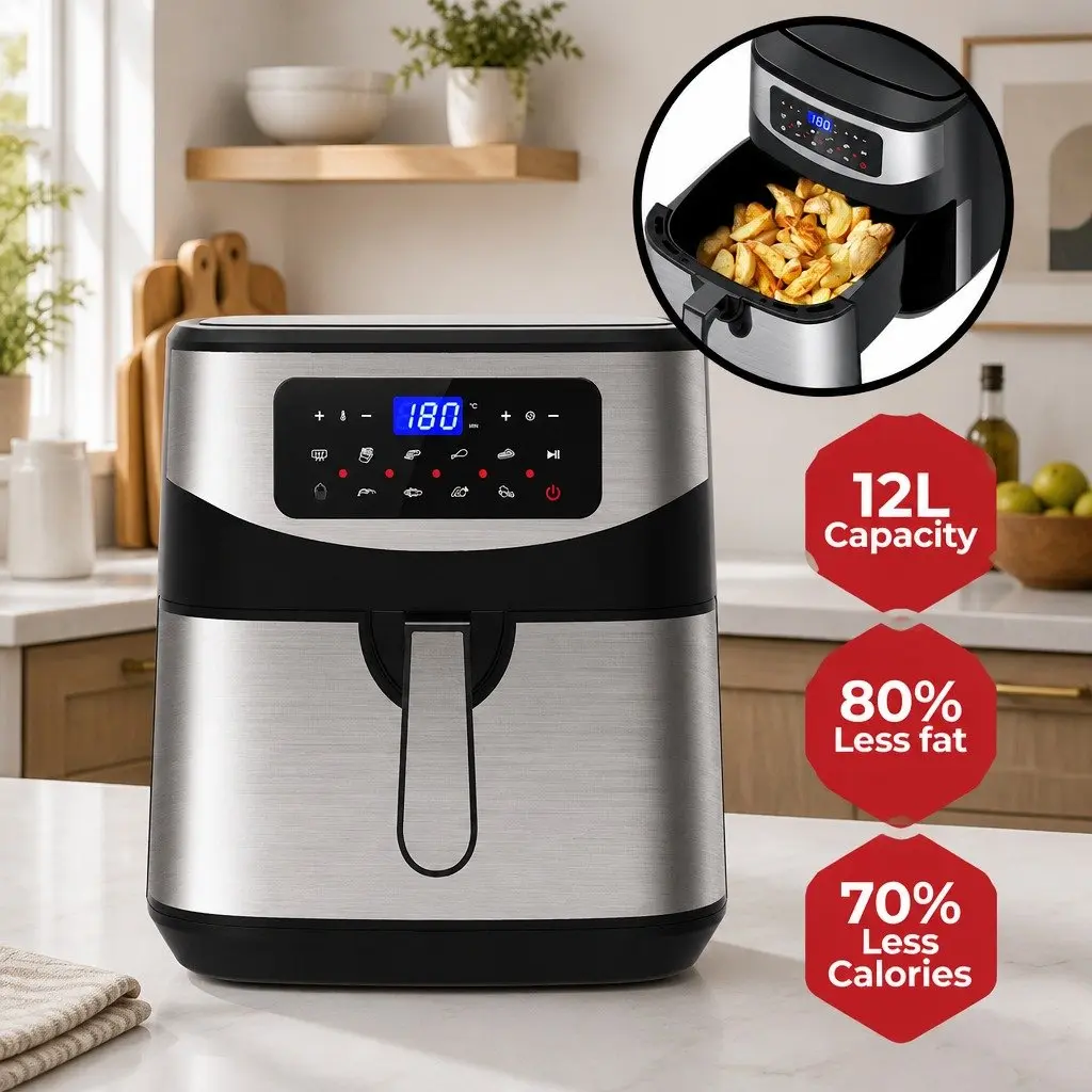 Digital Air Fryer Silver 12L Large Capacity Touch Screen Temperature Control