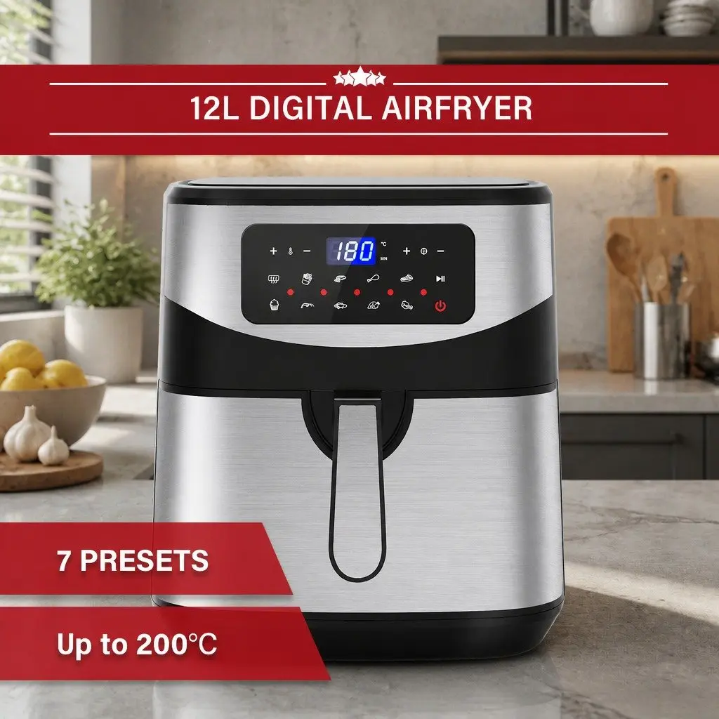 Digital Air Fryer Silver 12L Large Capacity Touch Screen Temperature Control