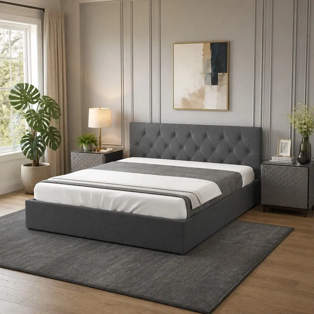 Gas Lift Bed Frame Queen Size with Tufted Headboard Storage Platform Bedroom