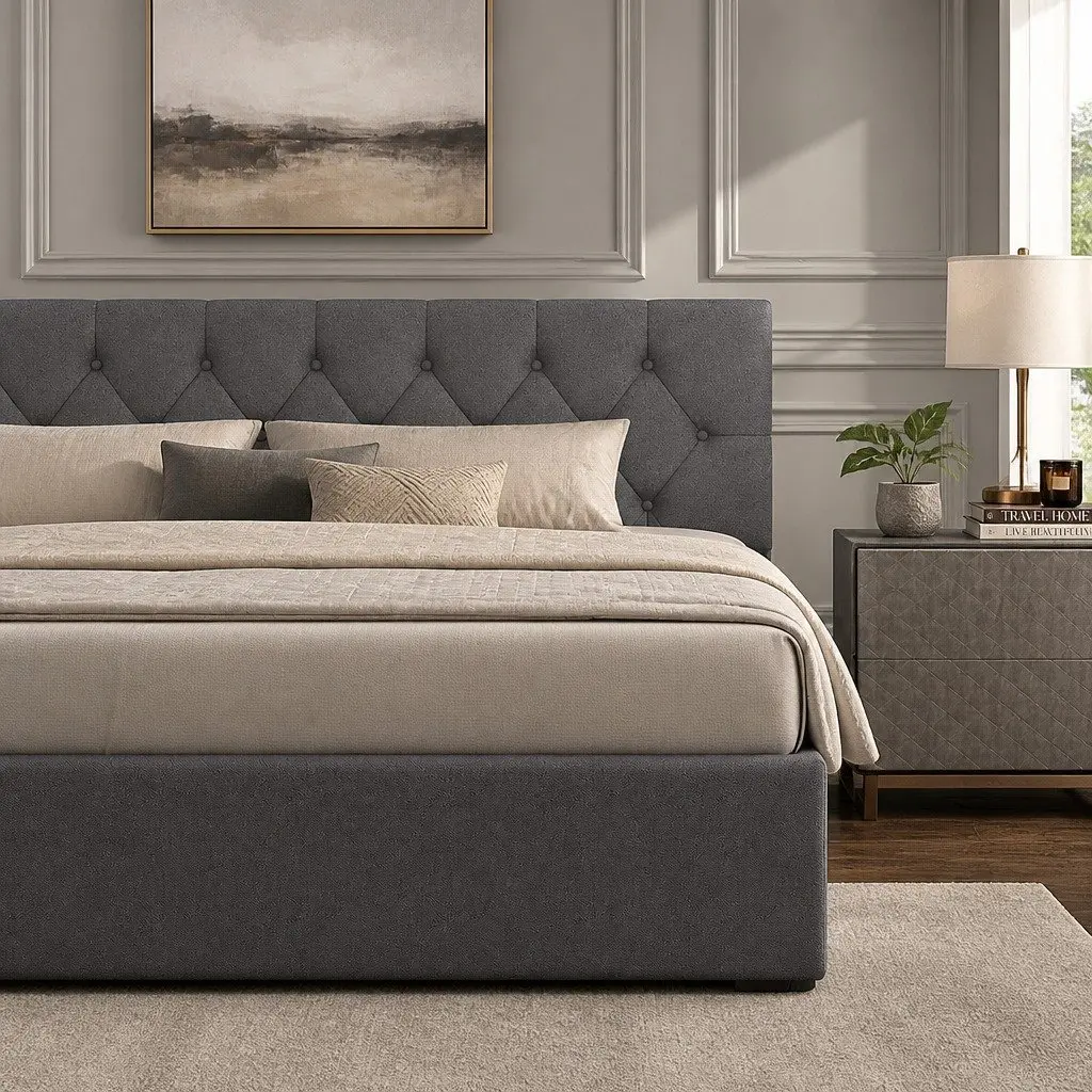 Gas Lift Bed Frame Queen Size with Tufted Headboard Storage Platform Bedroom