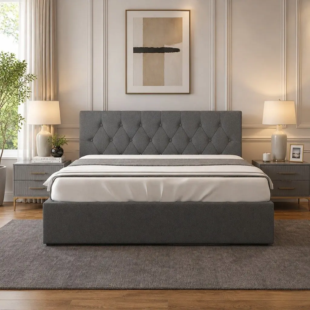 Gas Lift Bed Frame Queen Size with Tufted Headboard Storage Platform Bedroom