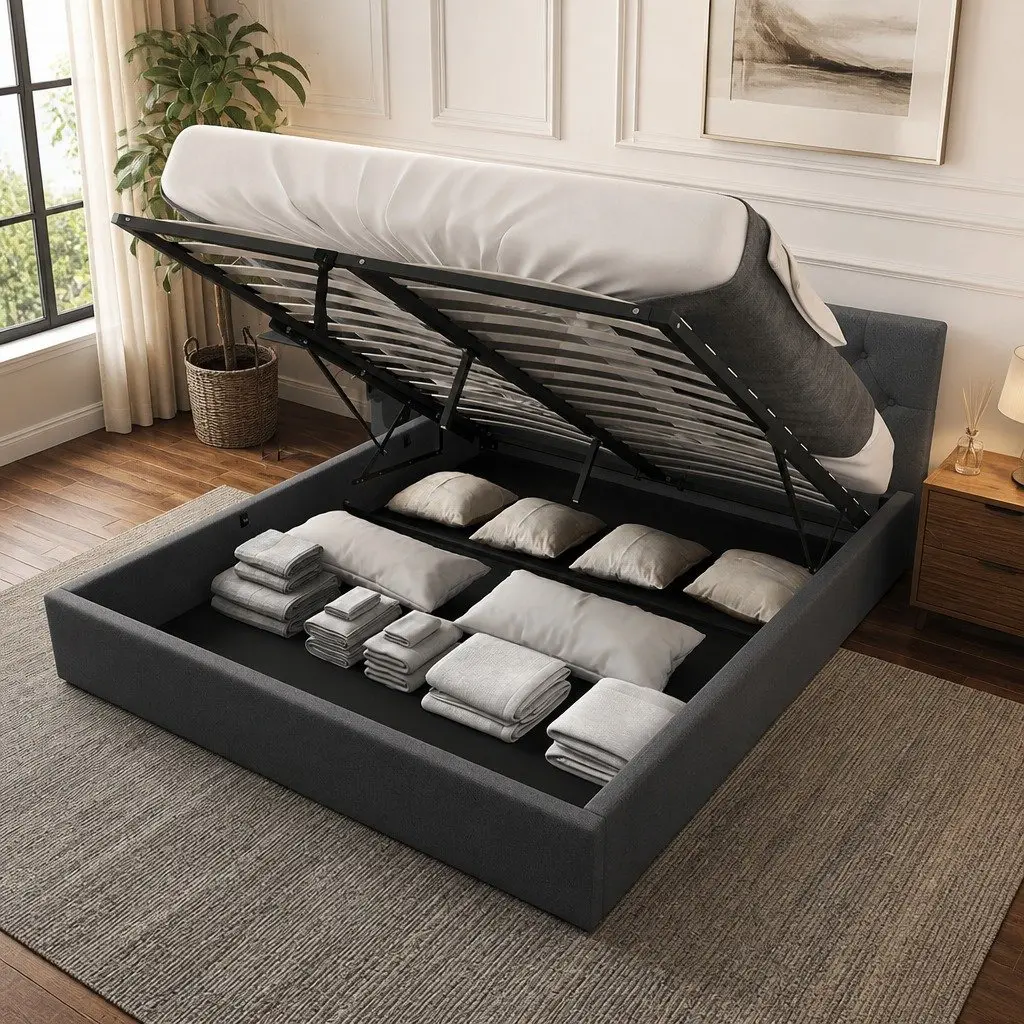 Gas Lift Bed Frame Queen Size with Tufted Headboard Storage Platform Bedroom
