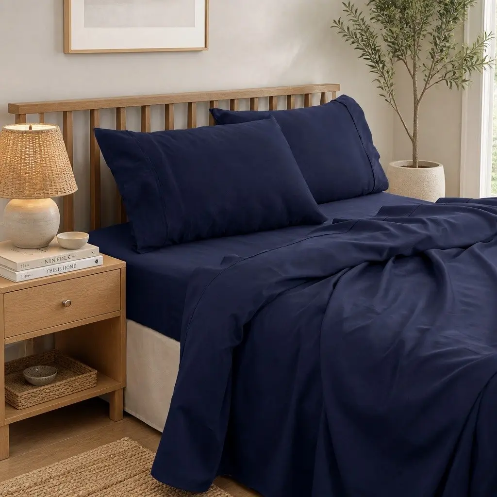 Bamboo Cotton Sheet Set Royal Blue 1000TC Flat Fitted Pillowcases 4 Piece