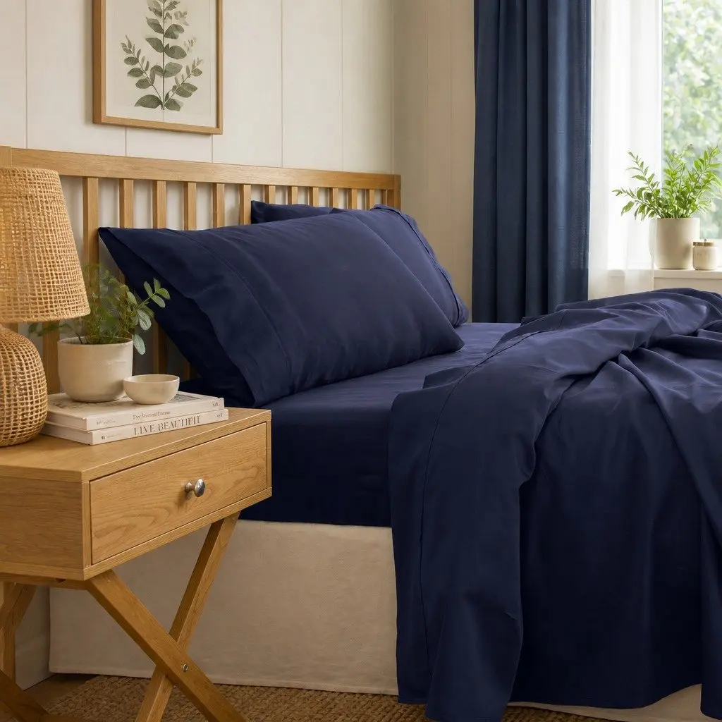 Bamboo Cotton Sheet Set Royal Blue 1000TC Flat Fitted Pillowcases 4 Piece