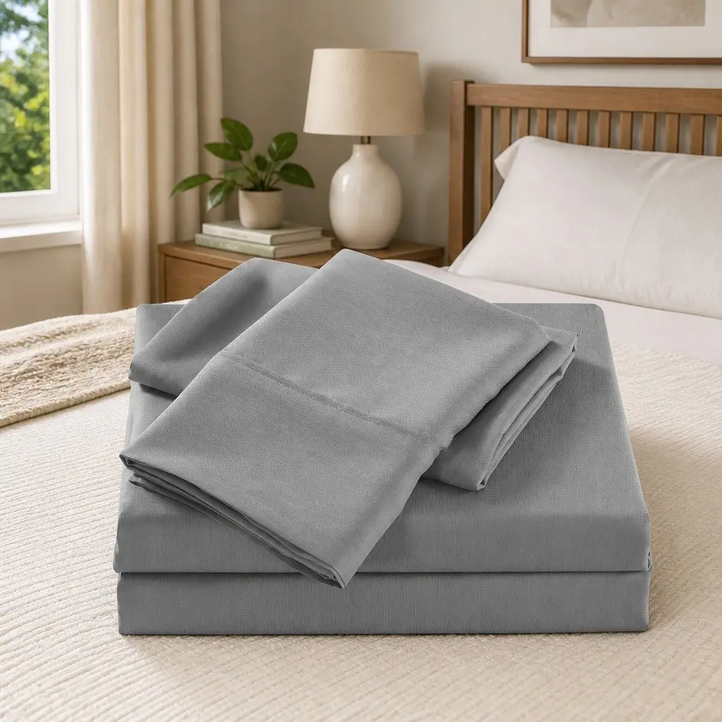 Bamboo Cooling Sheet Set 2000TC Single Bed Sheets Soft Microfibre Blend Mid Grey